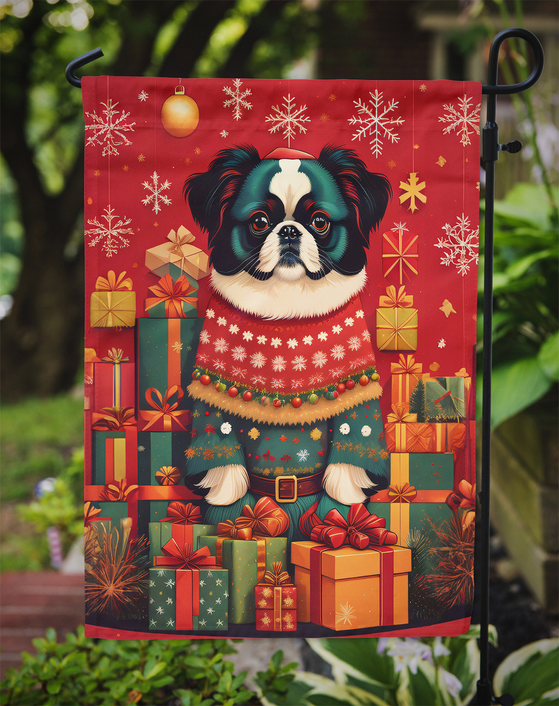 Red Japanese Chin garden flag with snowflakes and wrapped gift boxes