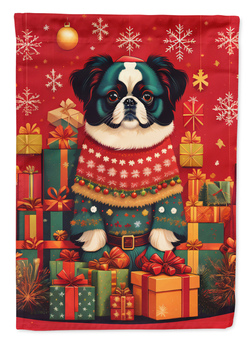Red garden flag featuring Japanese Chin dog in holiday sweater with gift boxes