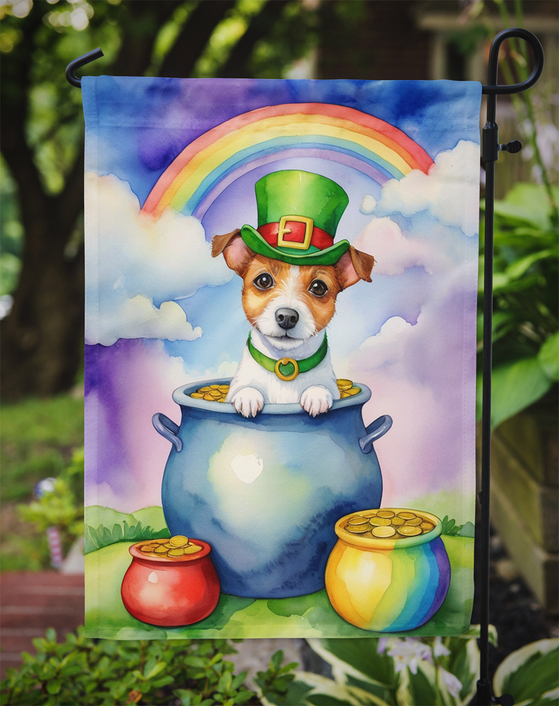 Jack Russell Terrier St. Patrick's Day garden flag on a stake with rainbow and cauldron