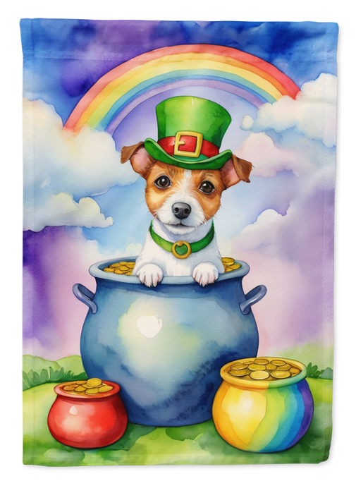 Jack Russell Terrier garden flag with leprechaun hat, rainbow sky, and cauldron