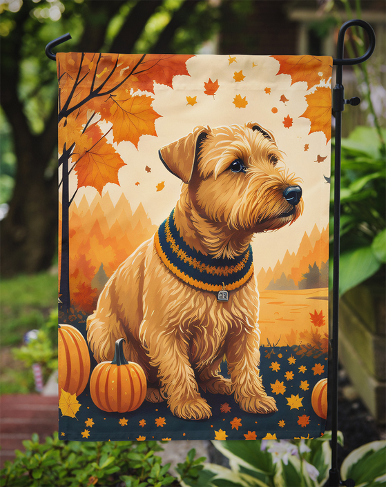 Lakeland terrier fall garden flag hanging outdoors with pumpkins and autumn leaves