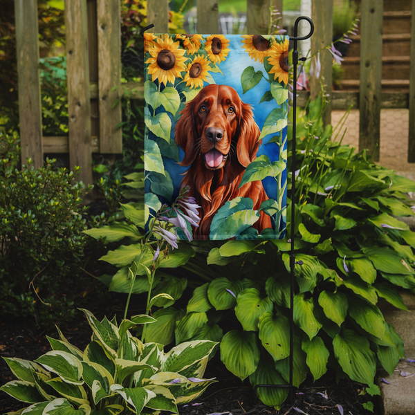 Irish Setter garden flag with sunflowers and blue leaf background, on a pole