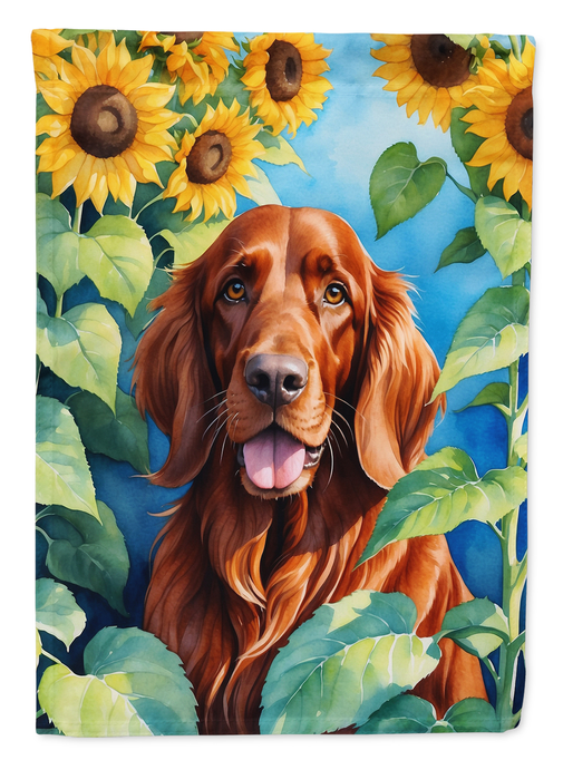 Irish Setter garden flag close-up with sunflower heads and green leaves on blue sky