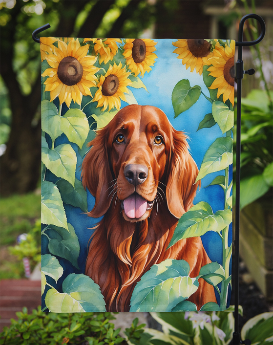 Outdoor garden flag on a pole showing Irish Setter portrait with sunflowers and leaves