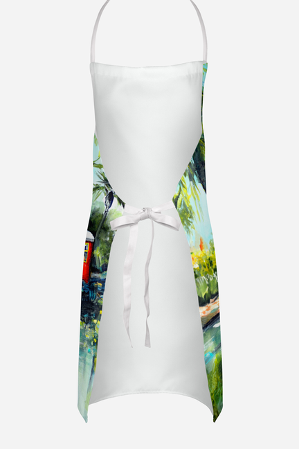 Tropical palm print apron with long waist ties and white neck strap