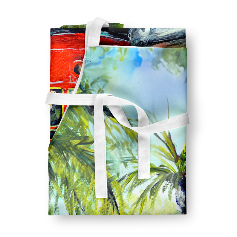 Folded apron with tropical palm print and white ribbon ties