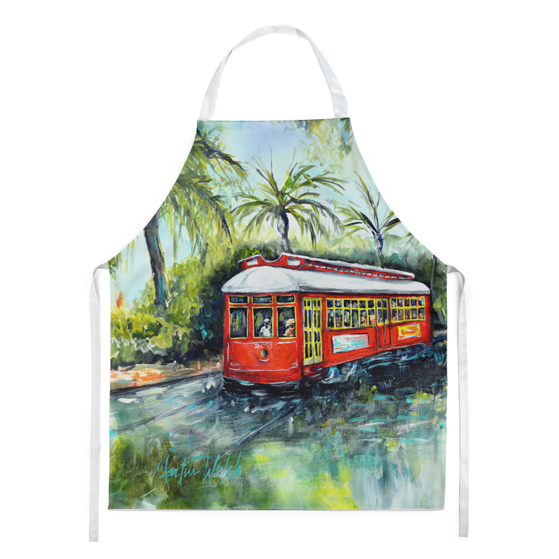 Red street car and tropical palm scene apron with hanging neck strap