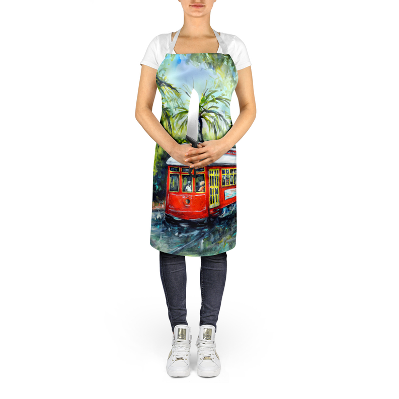 Red street car apron with palm tree scene and adjustable neck strap