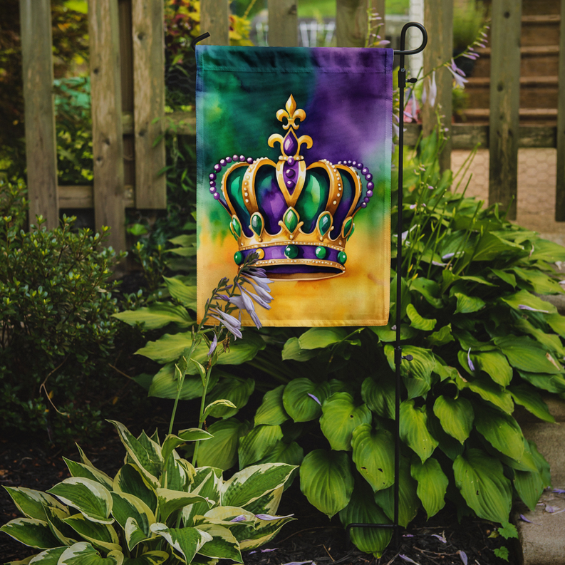 Mardi Gras crown garden flag on stake with purple-green fleur-de-lis crown design