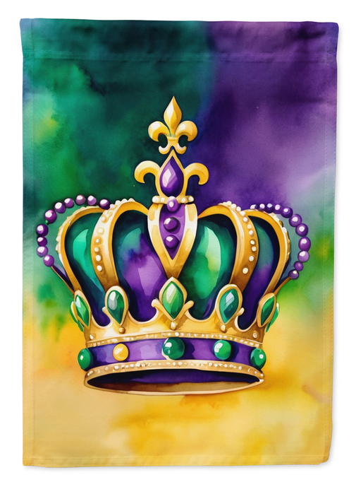 Mardi Gras crown garden flag close-up with gold and green fleur-de-lis crown
