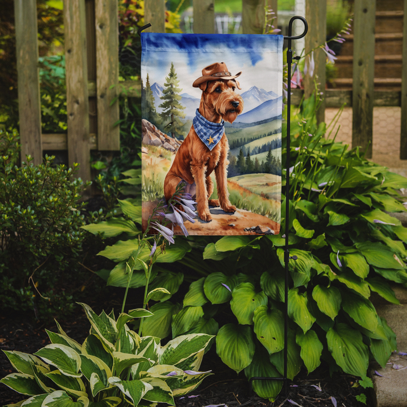 Garden flag on metal stand showing terrier in cowboy hat with mountain backdrop