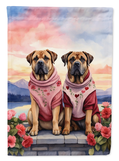 Garden flag featuring two mastiff dogs in pink scarves with pink flowers around