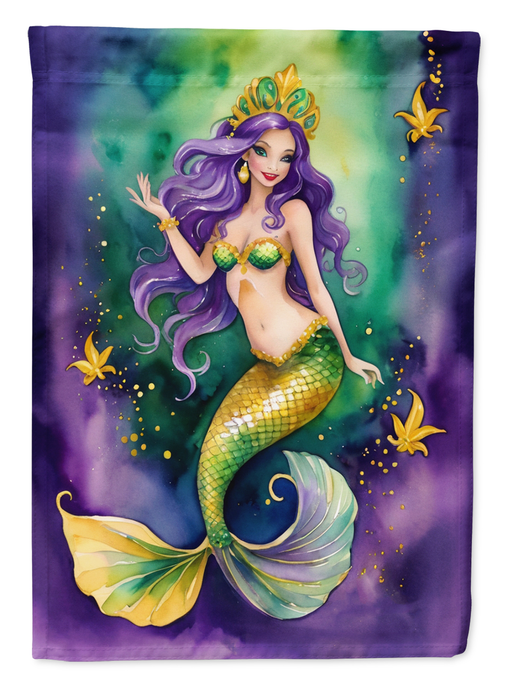Mermaid garden flag, colorful purple-haired mermaid with green scale tail and seashell accents