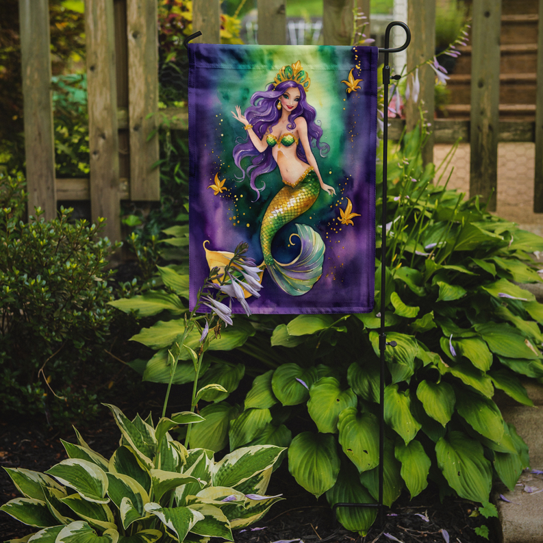 Mermaid garden flag on a black stand, purple-haired mermaid with green scale tail