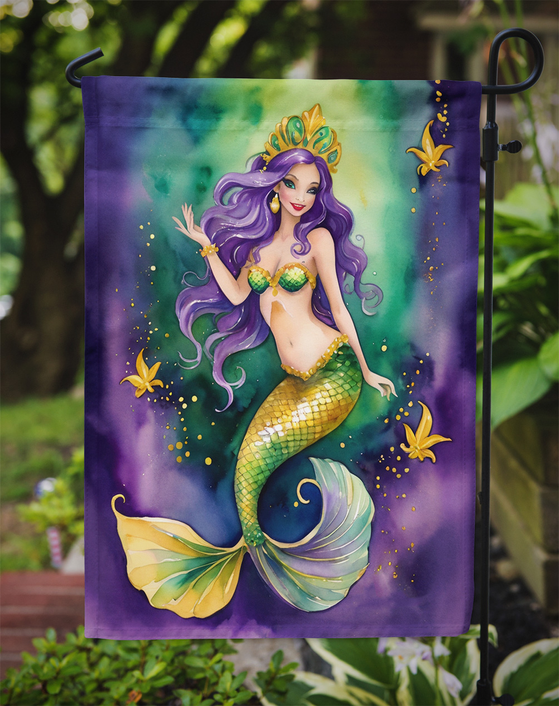 Mermaid garden flag close-up, purple-haired mermaid in a green scale tail
