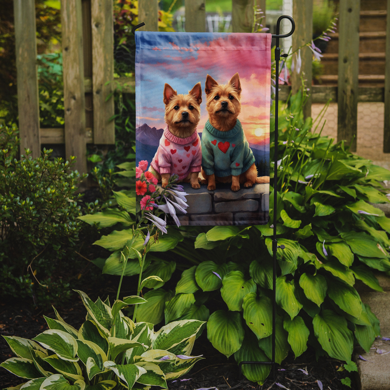 Garden flag on metal stake with two dogs in red heart sweaters