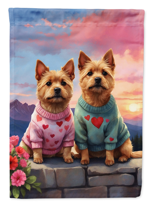Garden flag showing two dogs sitting on stone wall in red heart sweaters