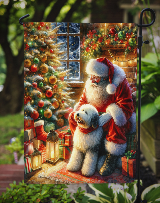 Garden flag close-up of Santa with old english sheepdog in snowy Christmas scene