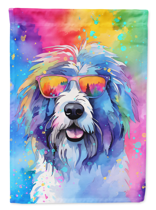 Old English Sheepdog garden flag with rainbow sunglasses artwork, multicolor splatter background