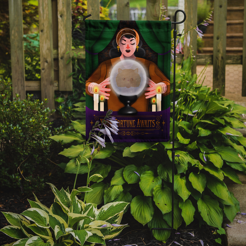 Halloween fortune garden flag with woman holding glowing cat in crystal ball