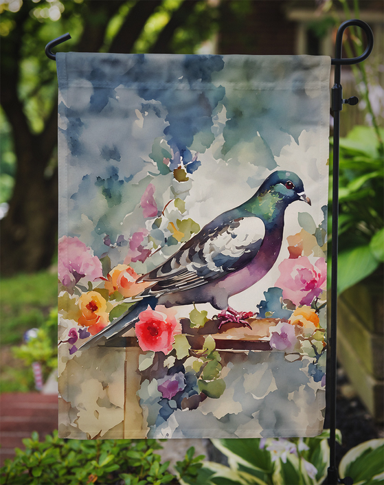 Pigeon garden flag with watercolor flowers and bird hanging on garden pole