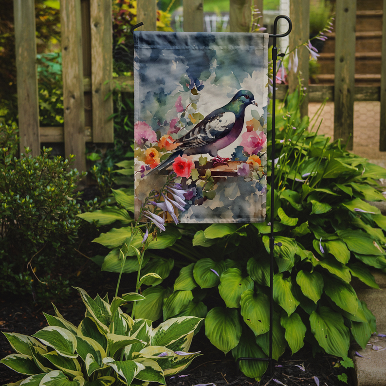 Pigeon garden flag on outdoor stand with watercolor floral design
