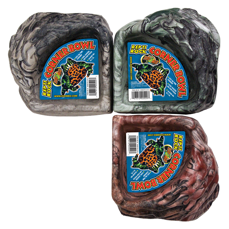 Textured reptile corner bowls, gray, green, and brown rock look, three pieces