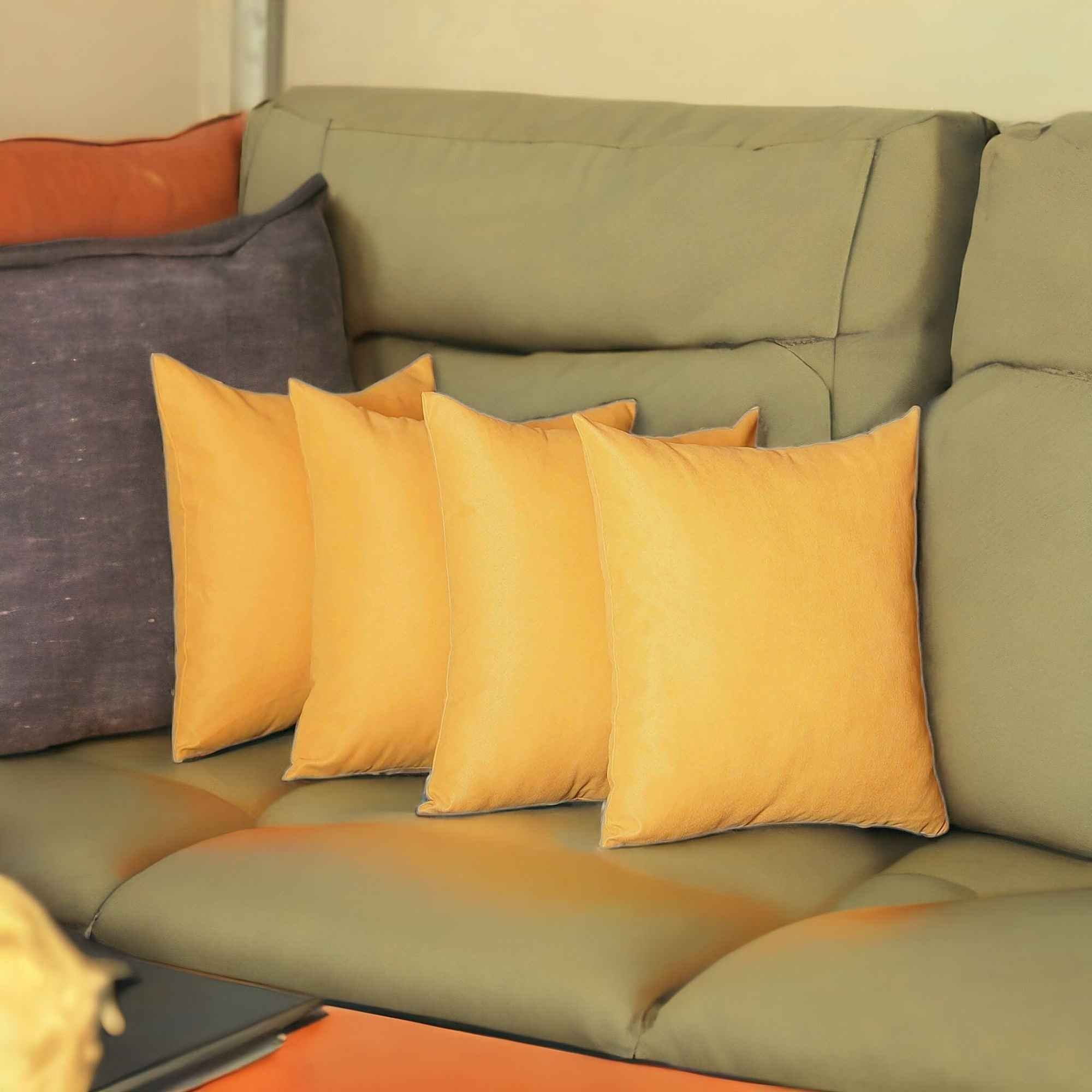 Set Of Four 20" X 20" Yellow Polyester Zippered Pillow Cover