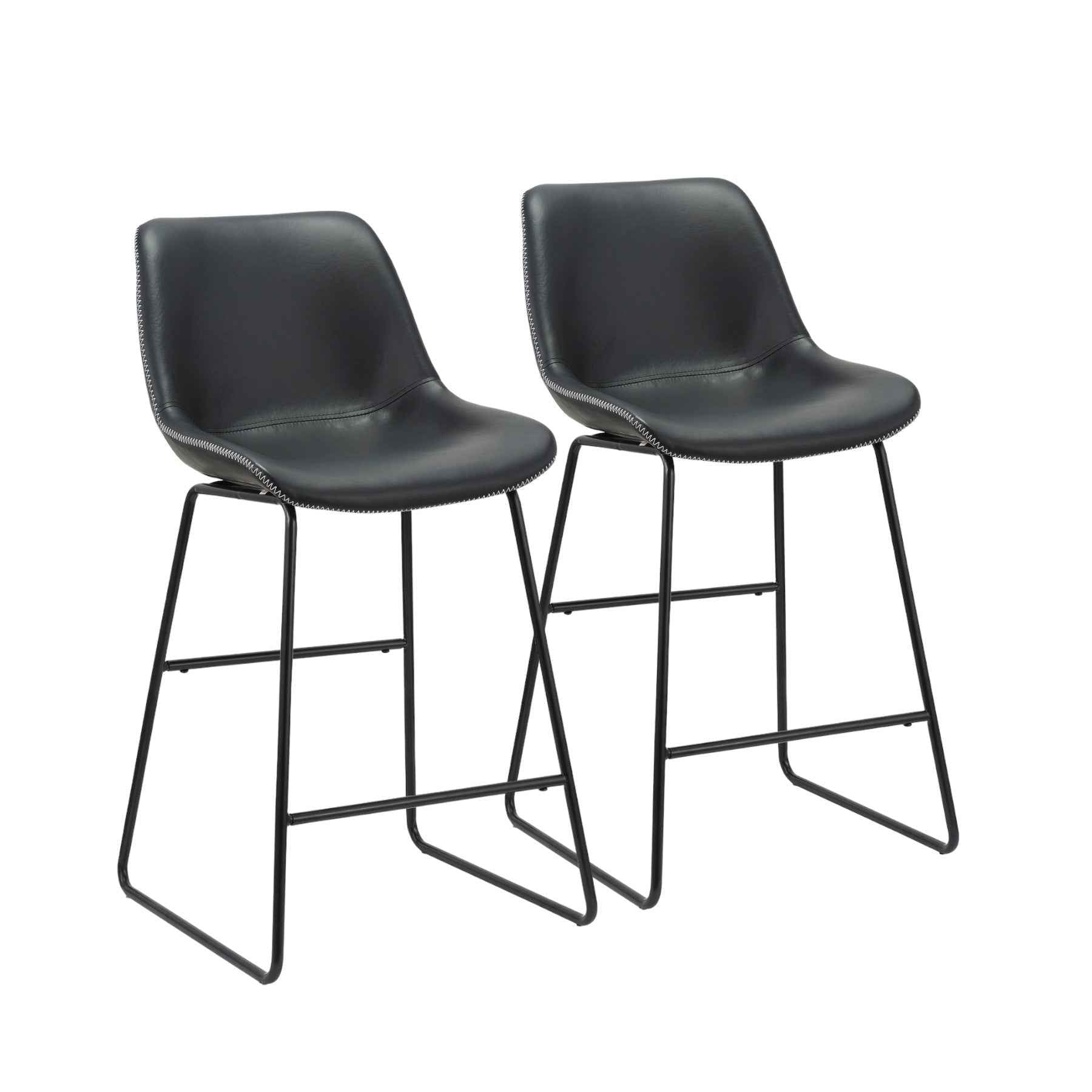 Set of Two Black Faux Leather and Metal Low Back Counter Height Bar Chairs