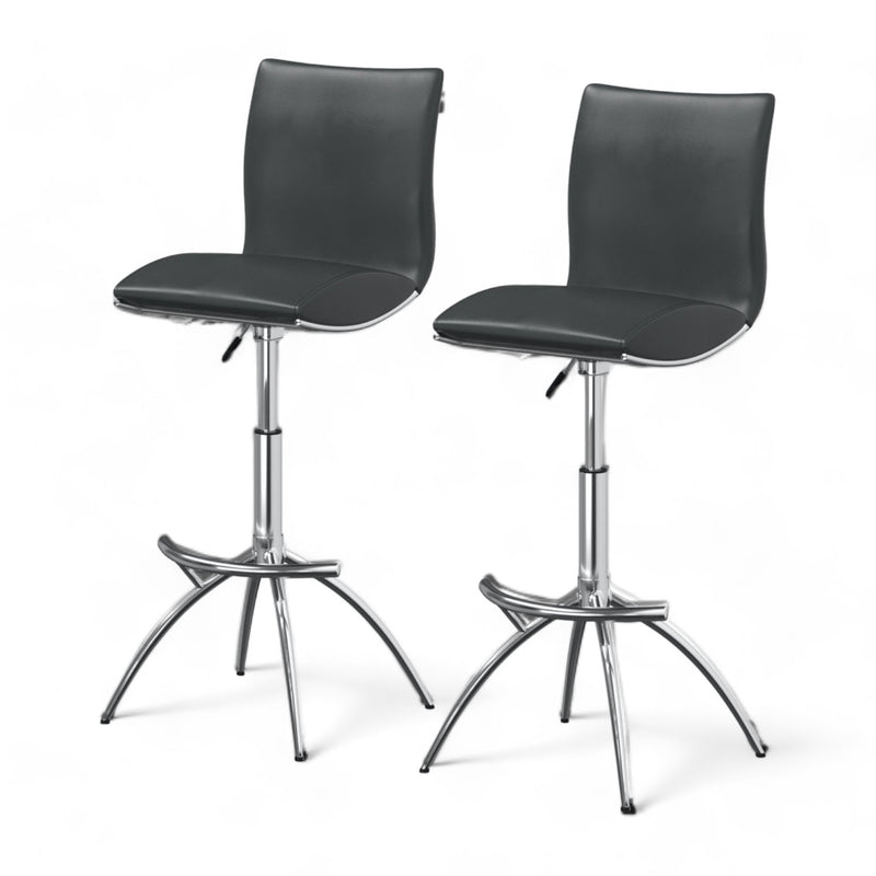 Set of Two Gray and Silver Faux Leather and Metal Low Back Adjustable Height Bar Chairs