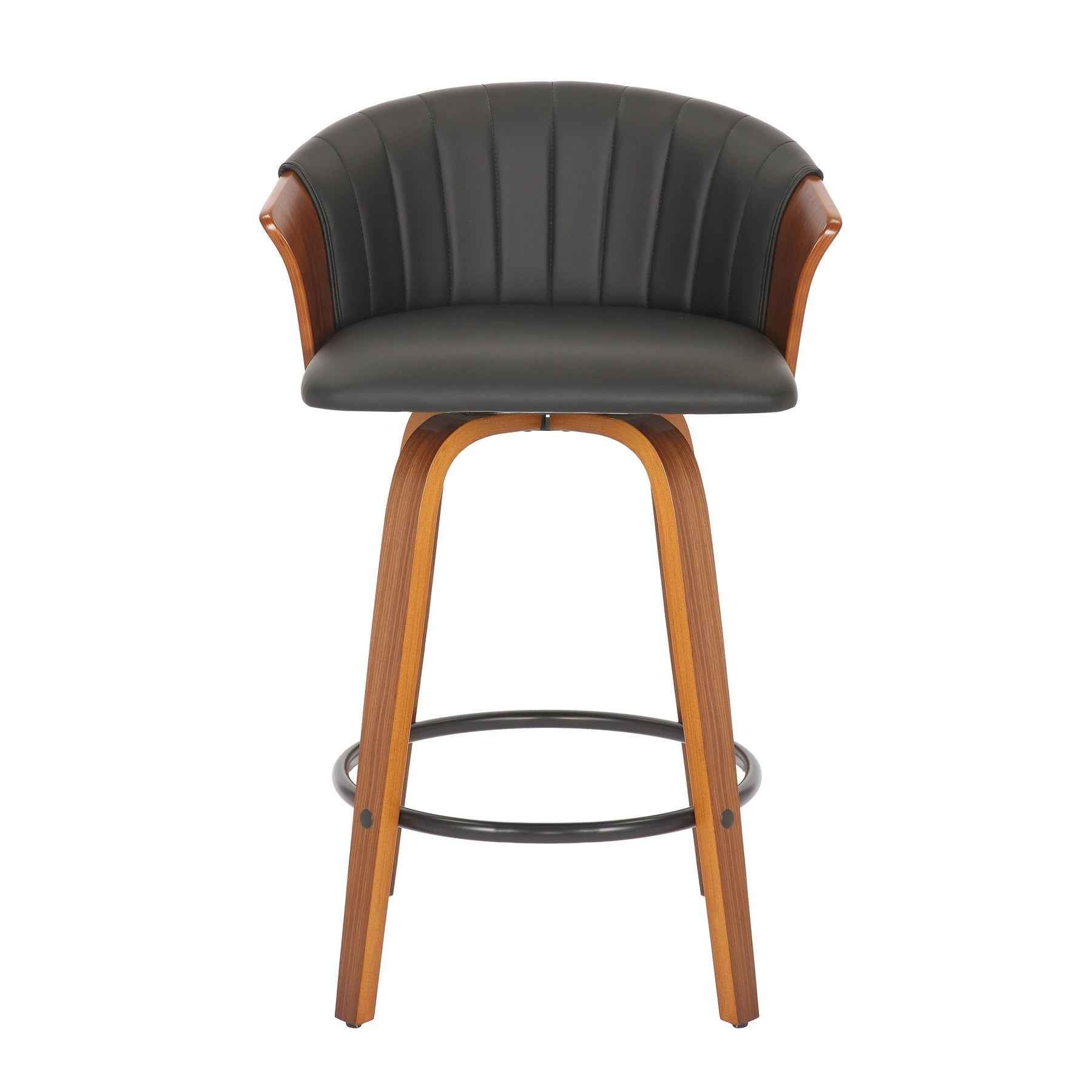 Set of Two 26" Black and Brown Faux Leather and Solid Wood Low Back Counter Height Bar Chairs