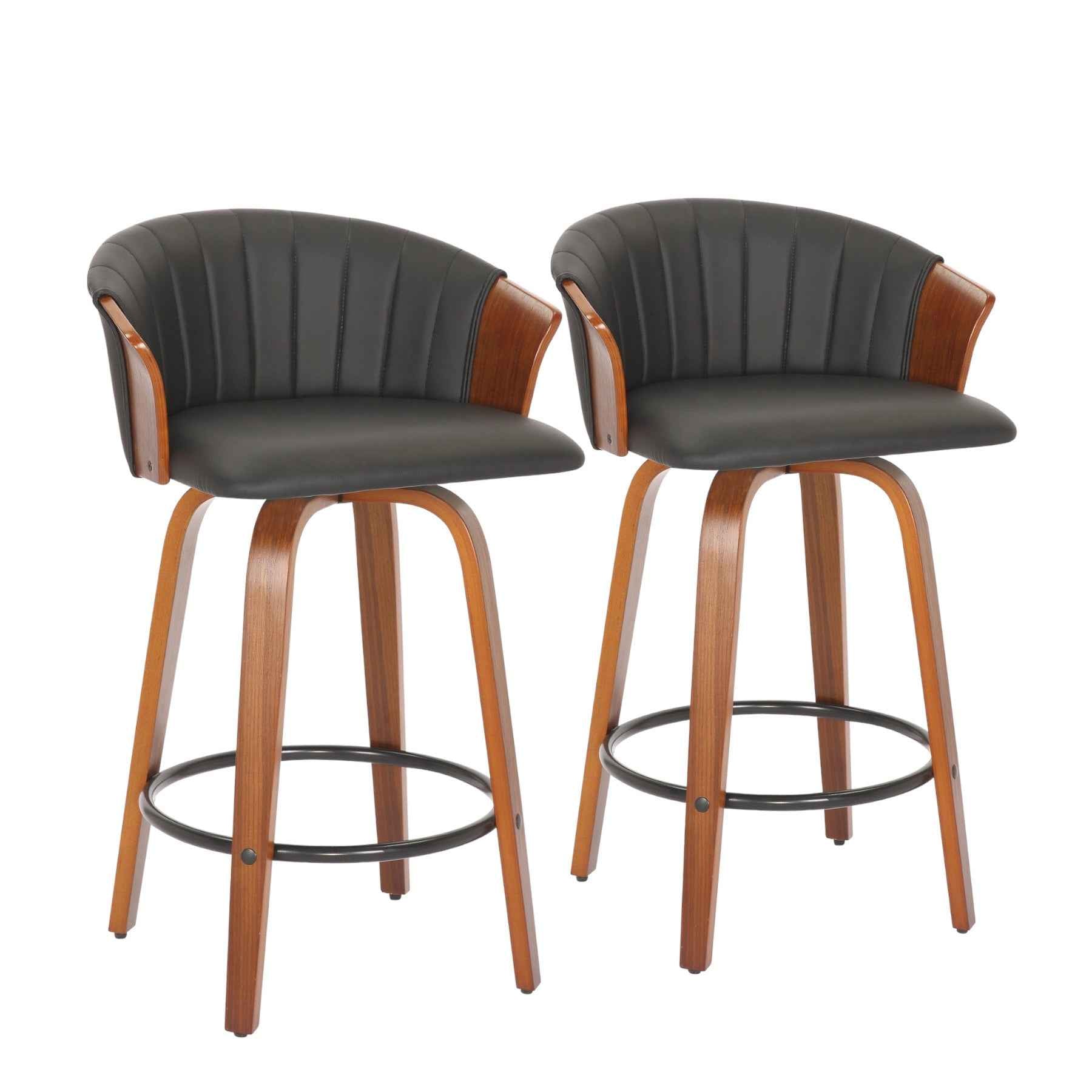 Set of Two 26" Black and Brown Faux Leather and Solid Wood Low Back Counter Height Bar Chairs