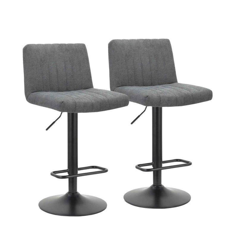 Set of Two Gray and Black Fabric and Metal Low Back Adjustable Height Bar Chairs