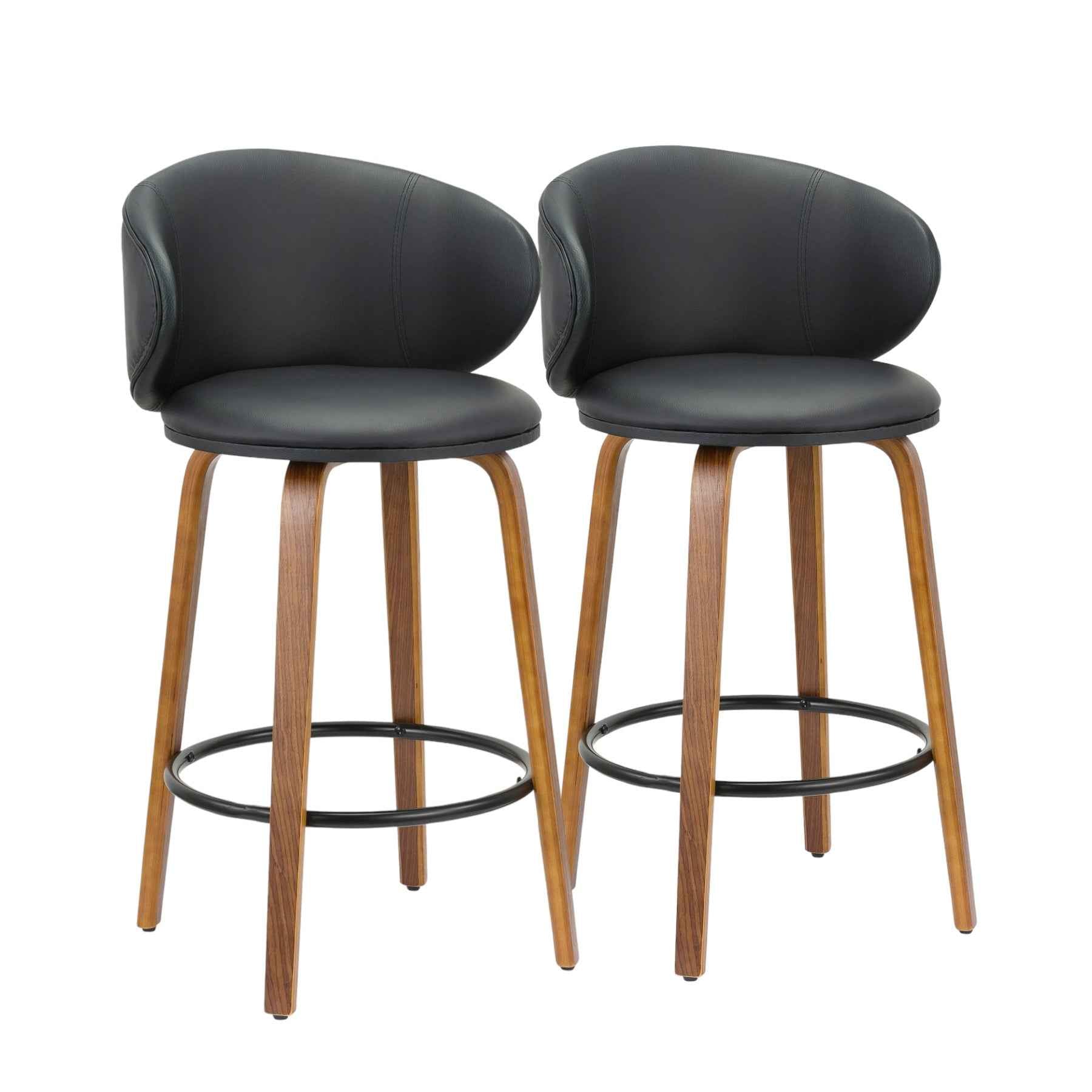Set of Two 26" Black and Brown Faux Leather and Solid Wood Low Back Counter Height Bar Chairs
