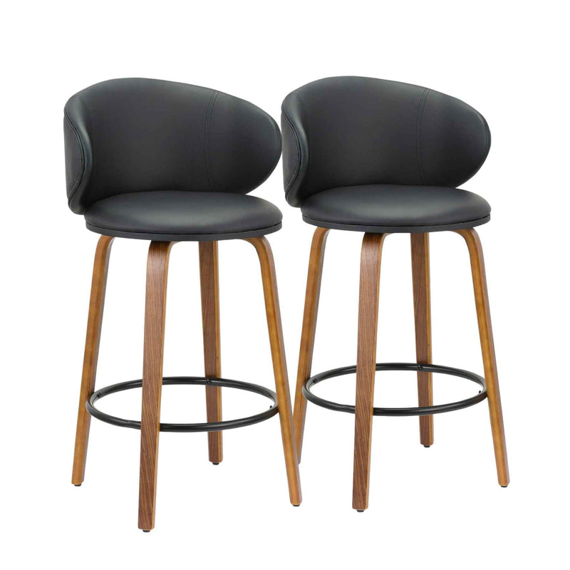 Set of Two 26" Black and Brown Faux Leather and Solid Wood Low Back Counter Height Bar Chairs