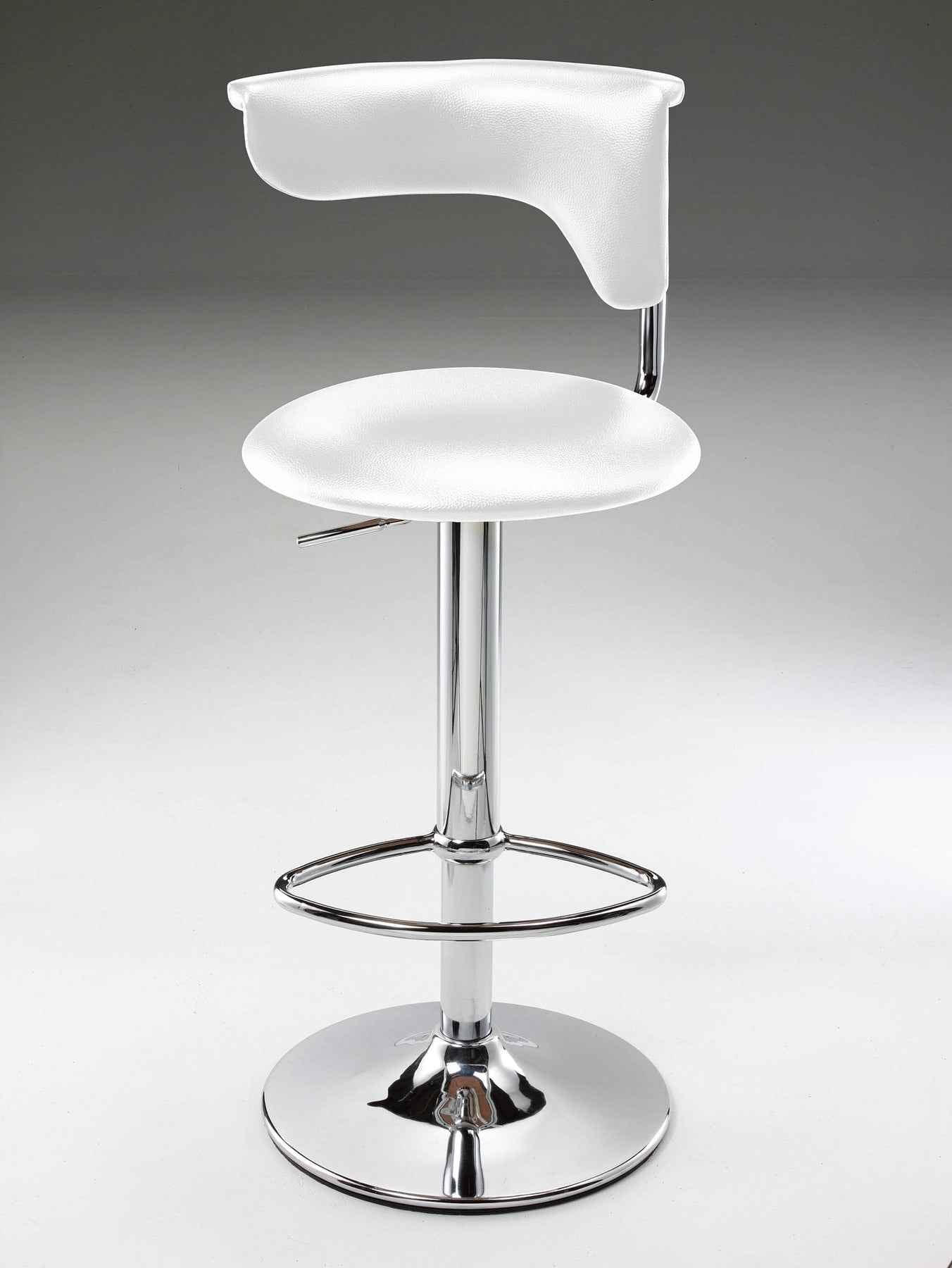 White and Silver Faux Leather and Metal Low Back Adjustable Height Bar Chair