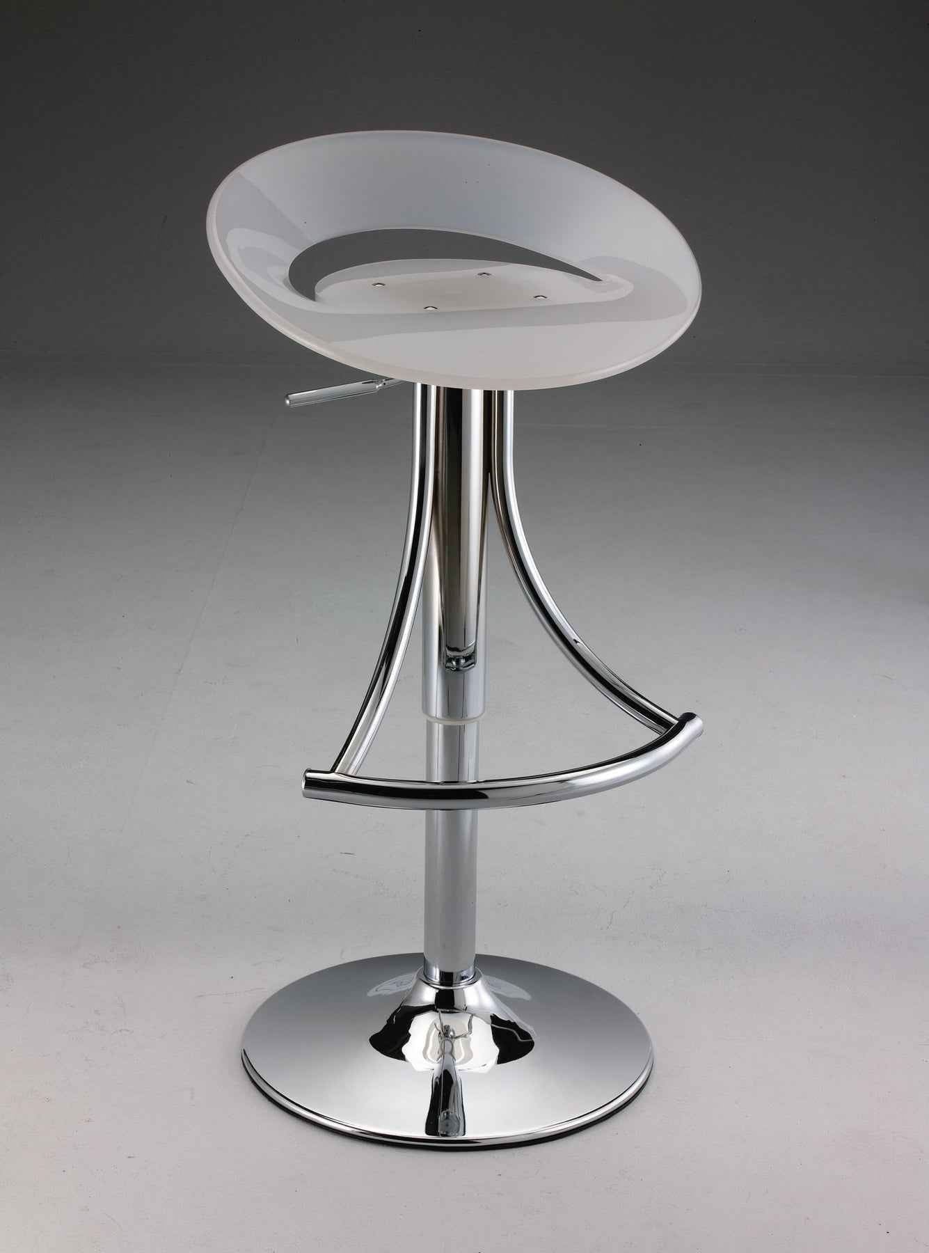White and Silver Acrylic and Metal Low Back Adjustable Height Bar Chair