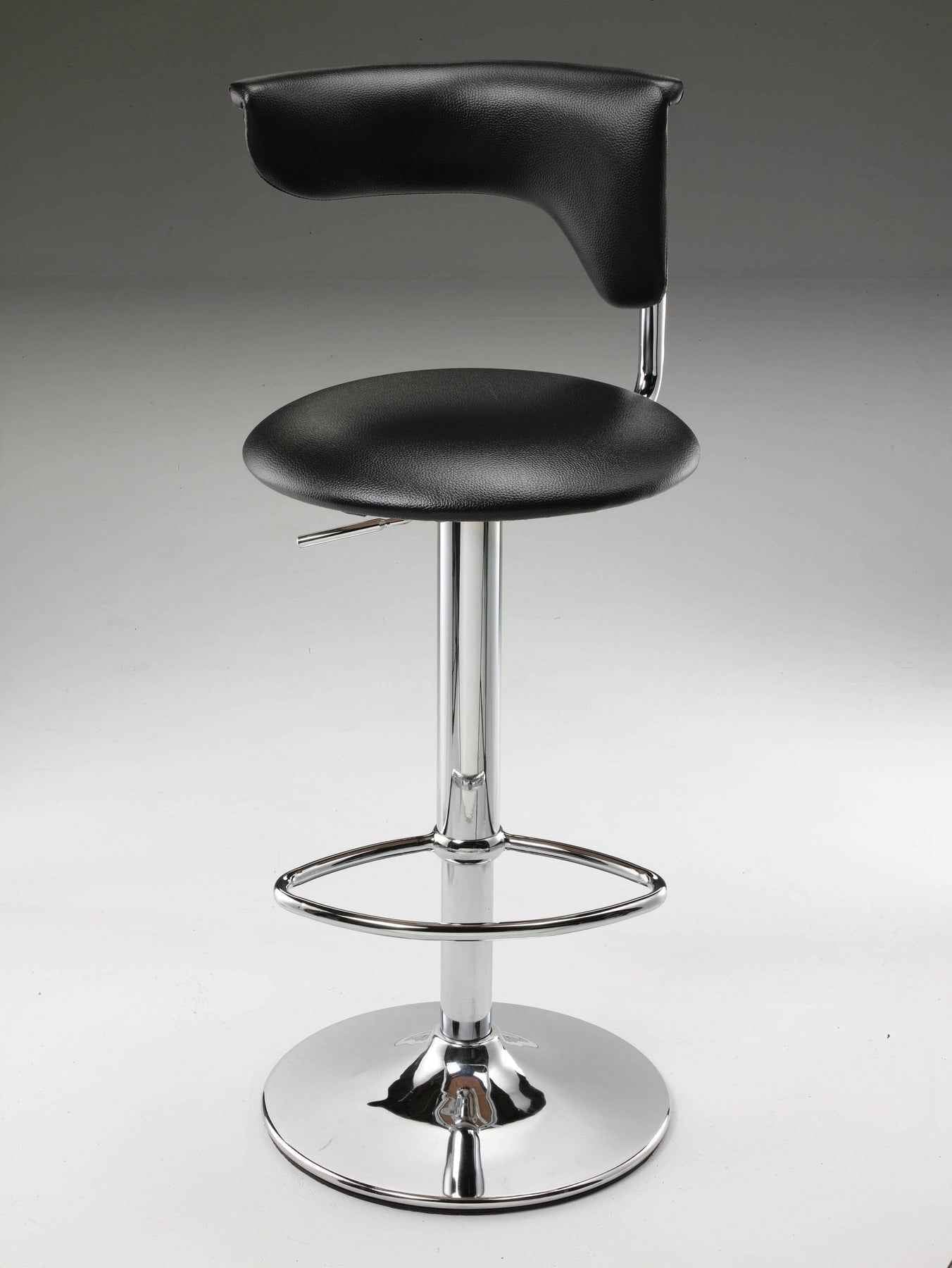 Black and Silver Faux Leather and Metal Low Back Adjustable Height Bar Chair