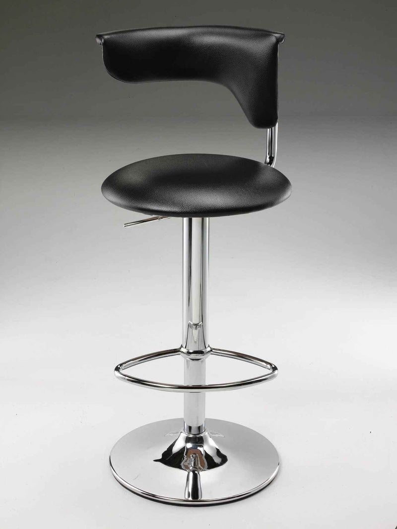 Black and Silver Faux Leather and Metal Low Back Adjustable Height Bar Chair