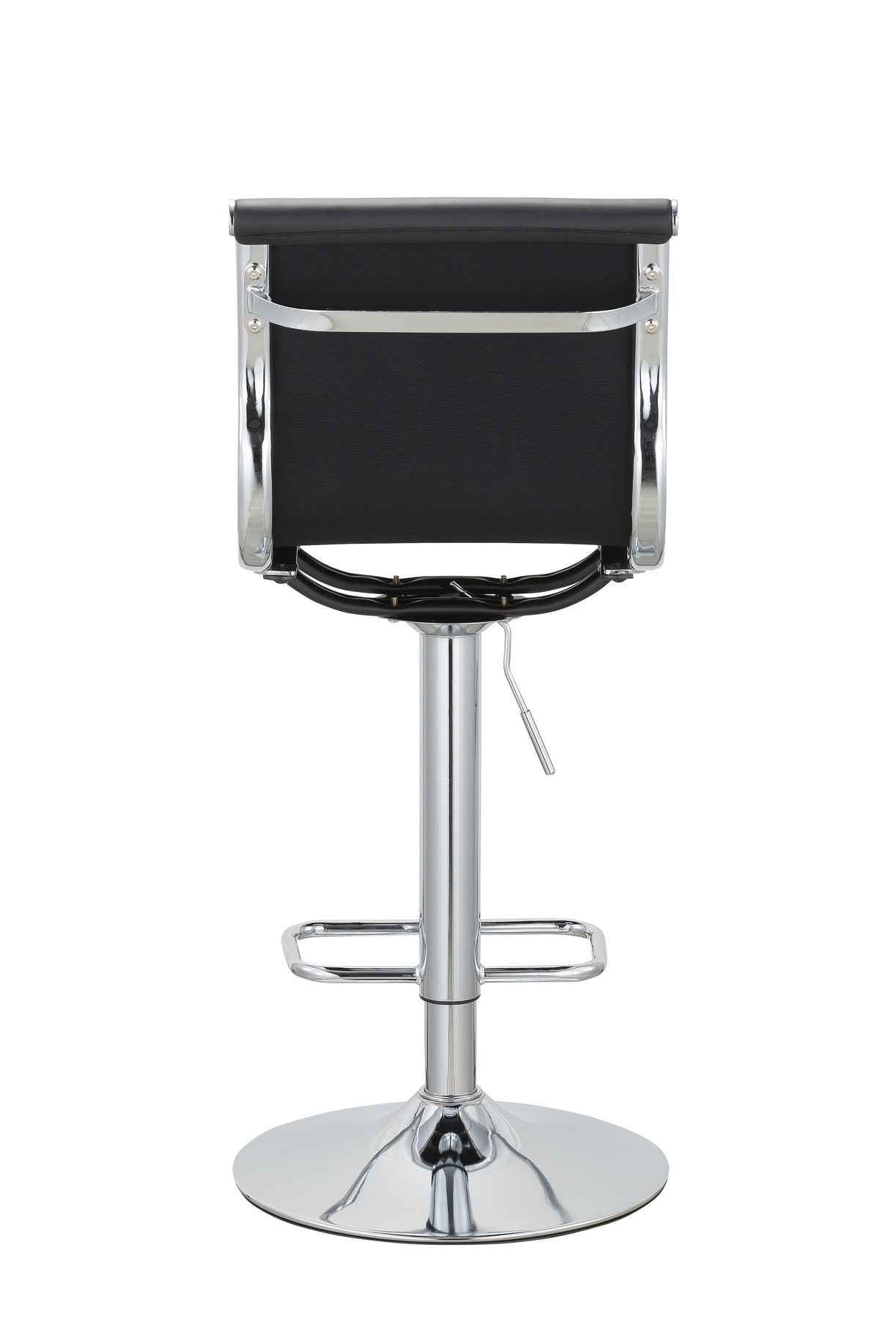Set of Two Black and Silver Faux Leather and Metal Low Back Adjustable Height Bar Chairs