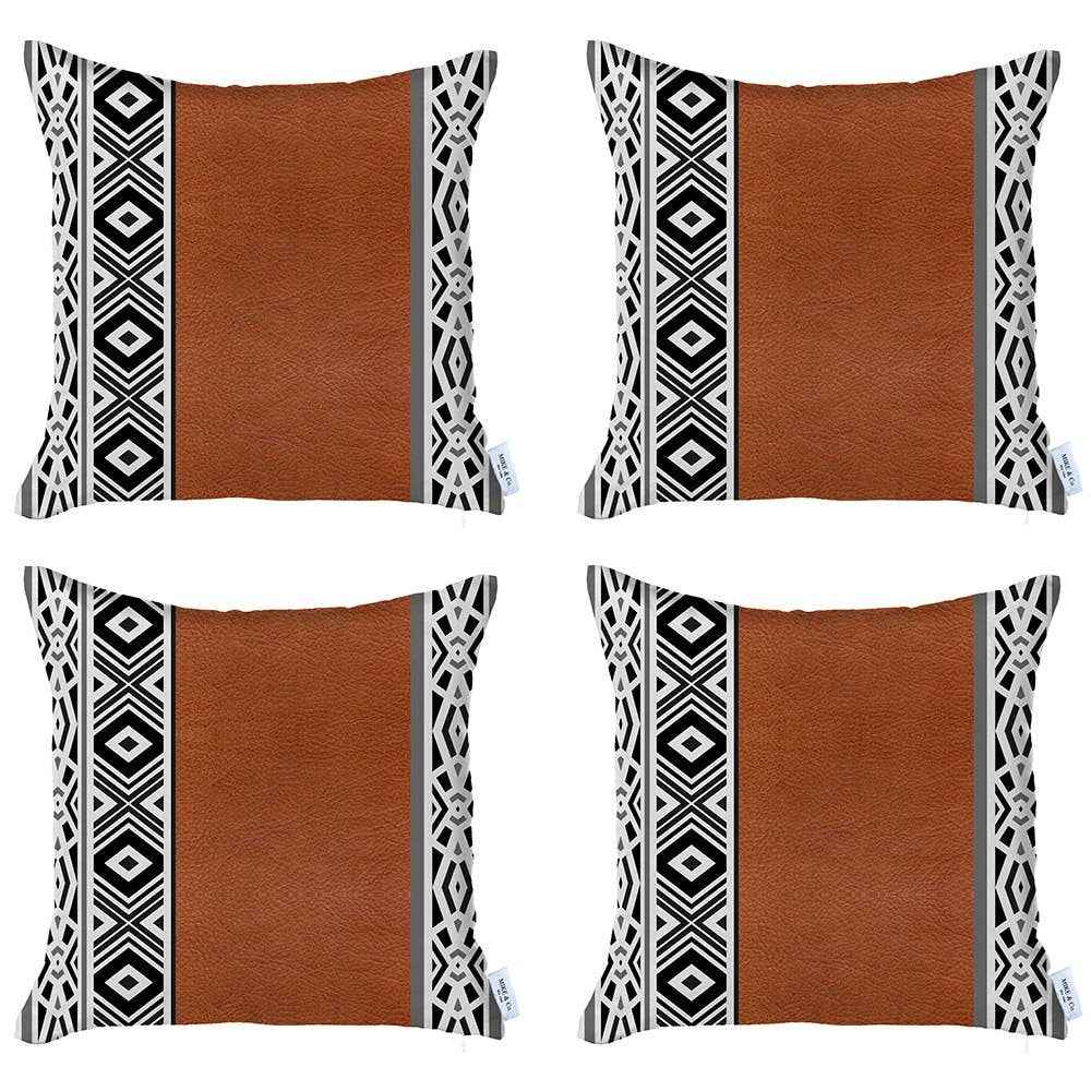 Set Of Four 18" X 18" Brown Faux Leather Geometric Zippered Pillow