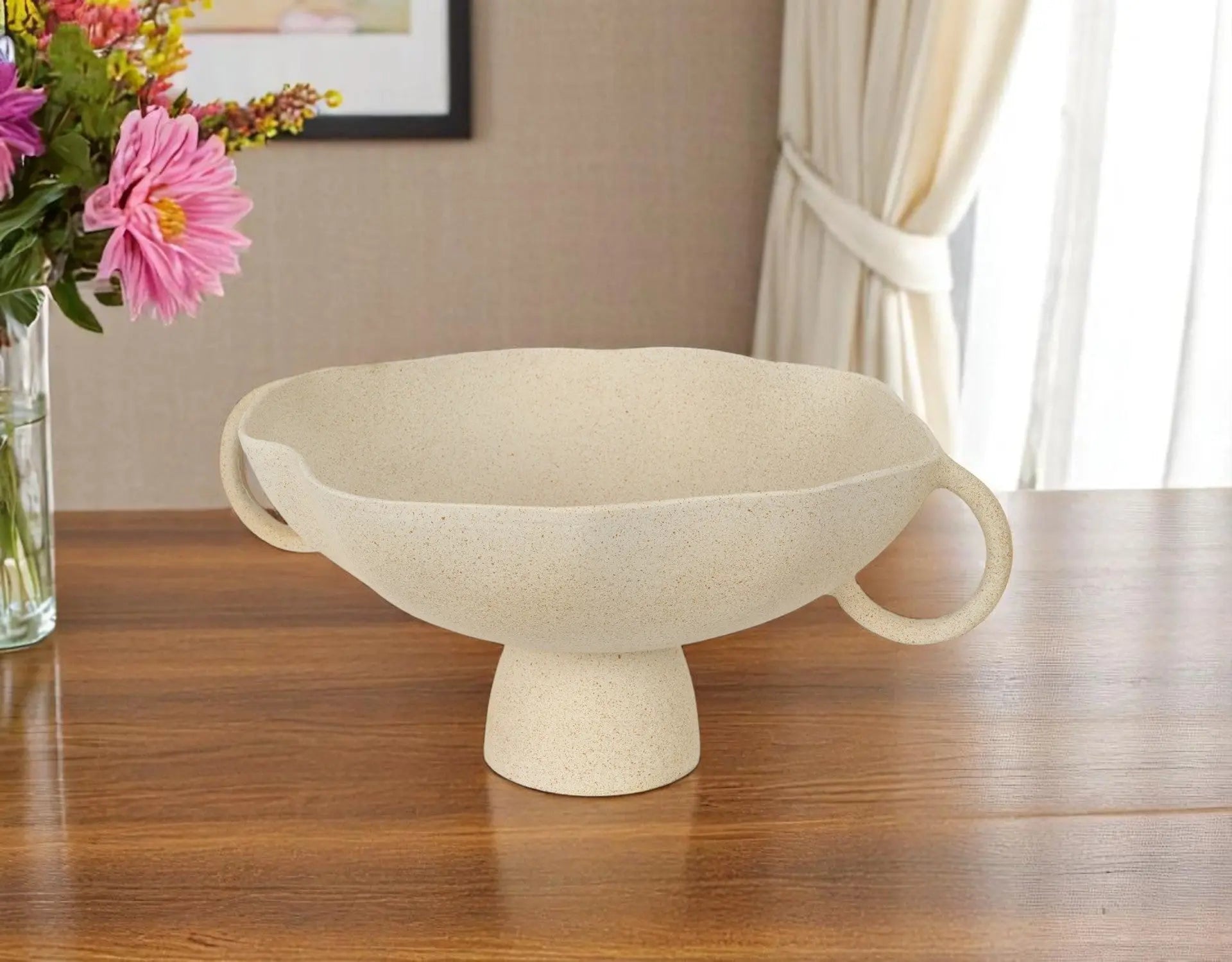 16" Beige Cast Aluminum Round Pedestal Centerpiece Bowl With Handles Homeroots Kitchen & Dining