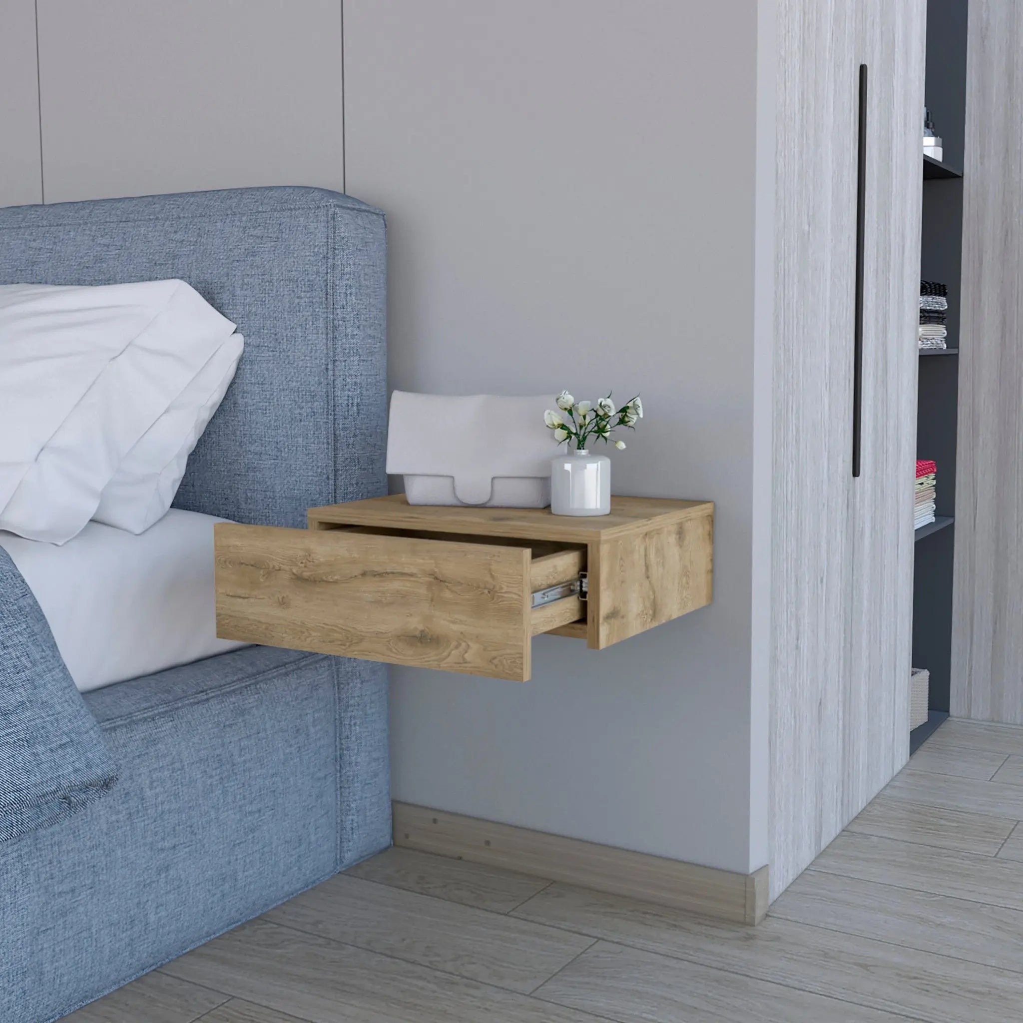 5" Beige Wood One Drawer Floating Nightstand - GreatEagleInc