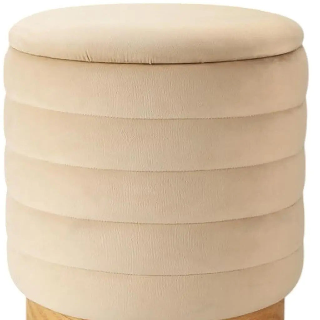 16" Beige and Natural Velvet Tufted Cylinder Storage Ottoman Homeroots Living Room