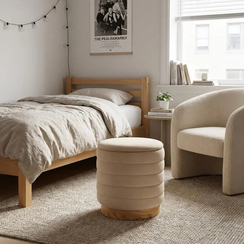 16" Beige and Natural Velvet Tufted Cylinder Storage Ottoman Homeroots Living Room