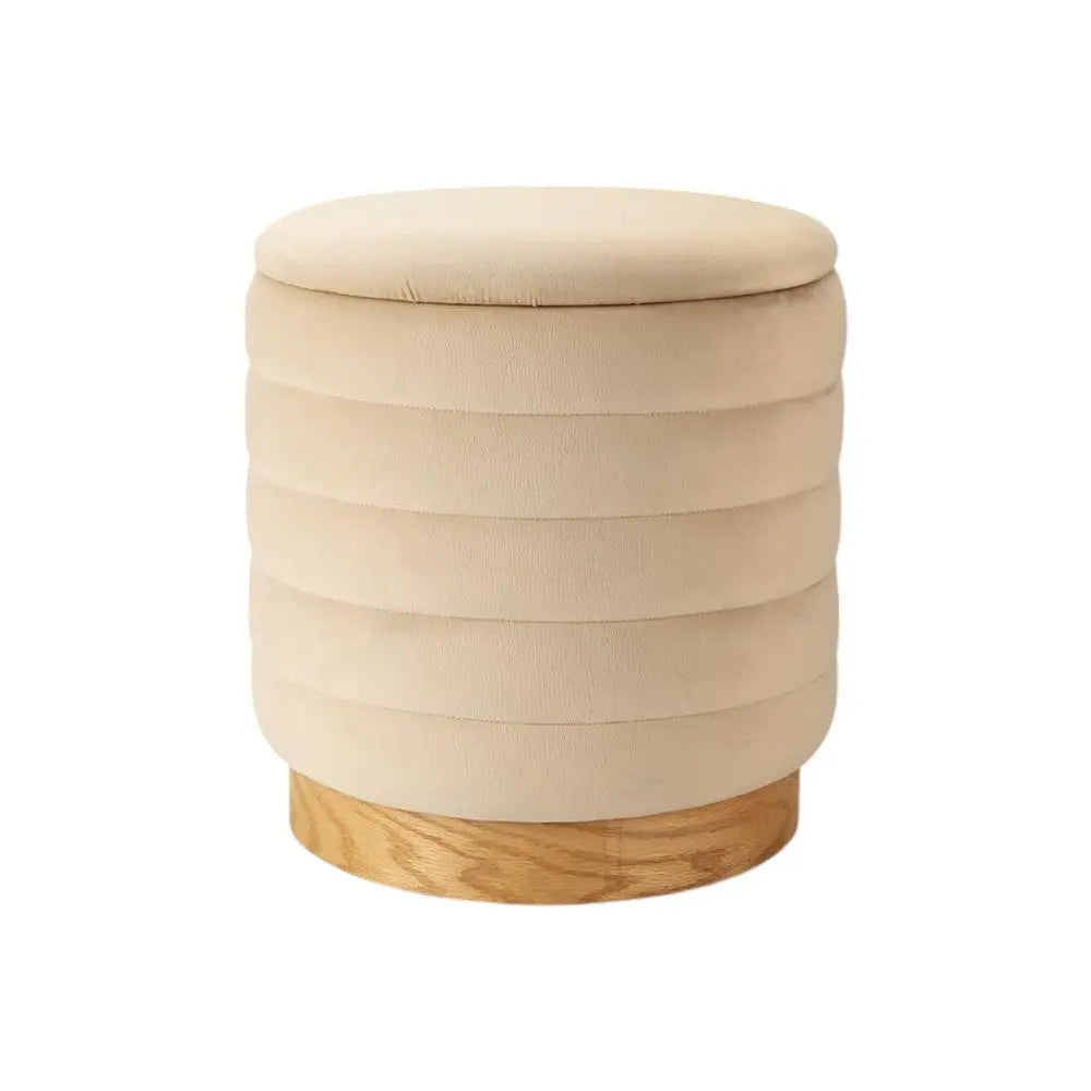 16" Beige and Natural Velvet Tufted Cylinder Storage Ottoman Homeroots Living Room