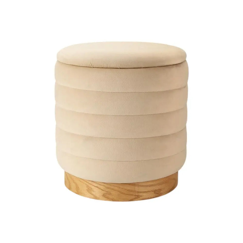 16" Beige and Natural Velvet Tufted Cylinder Storage Ottoman Homeroots Living Room