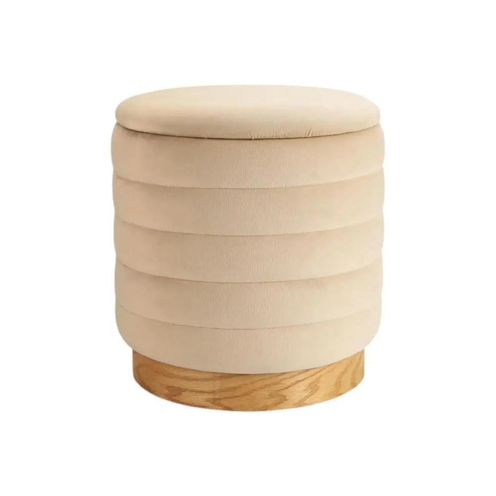 16" Beige and Natural Velvet Tufted Cylinder Storage Ottoman Homeroots Living Room