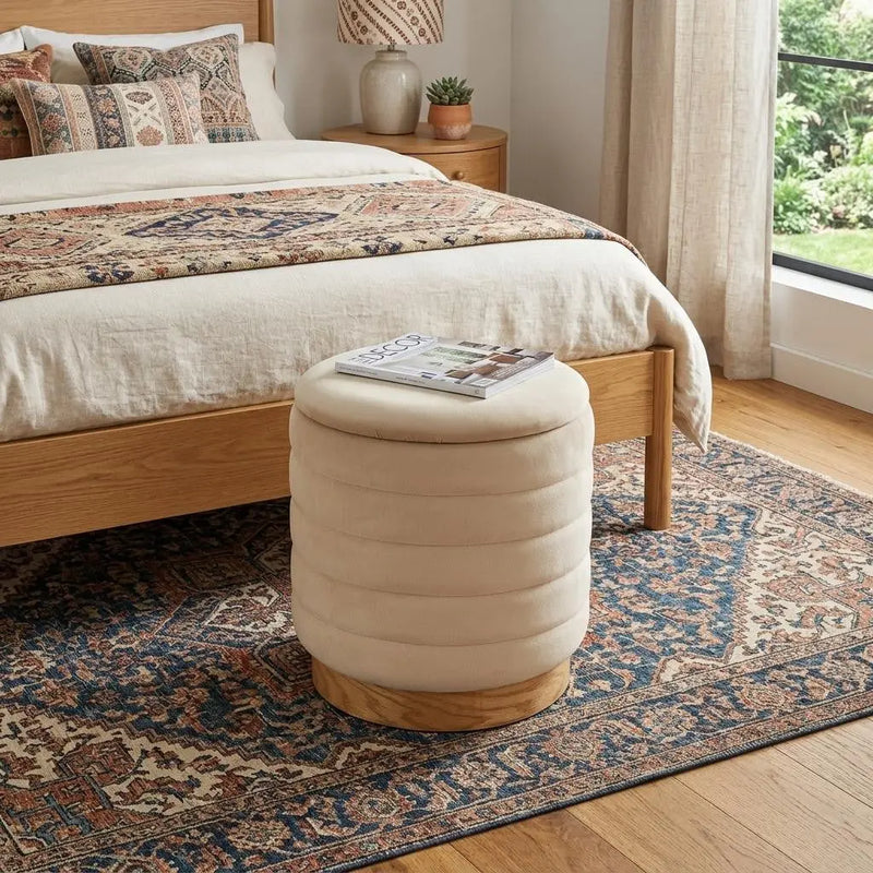 16" Beige and Natural Velvet Tufted Cylinder Storage Ottoman Homeroots Living Room