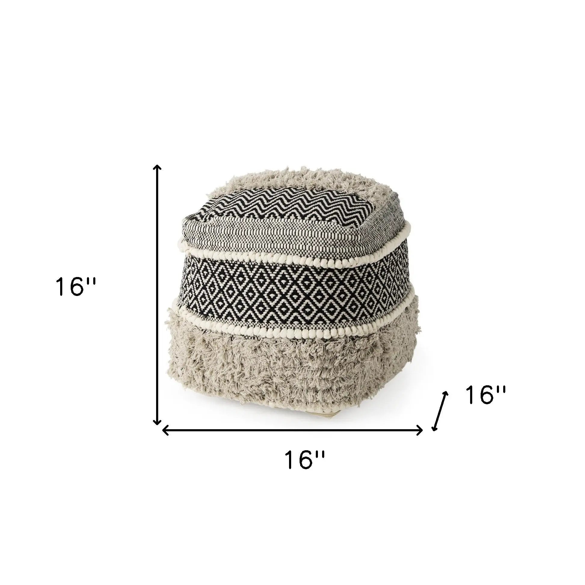 16" Black Gray and White Cotton Geometric Pouf Ottoman Homeroots Living Room